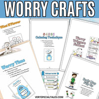 Collection of worry craft worksheets with various activities and illustrations on a blue background.