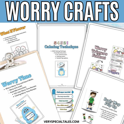 Collection of worry craft worksheets with various activities and illustrations on a blue background.