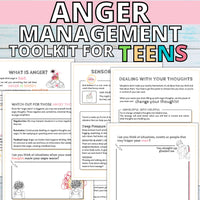 Five worksheet examples against white wooden backdrop, containing methods of anger management, complete with diagrams.