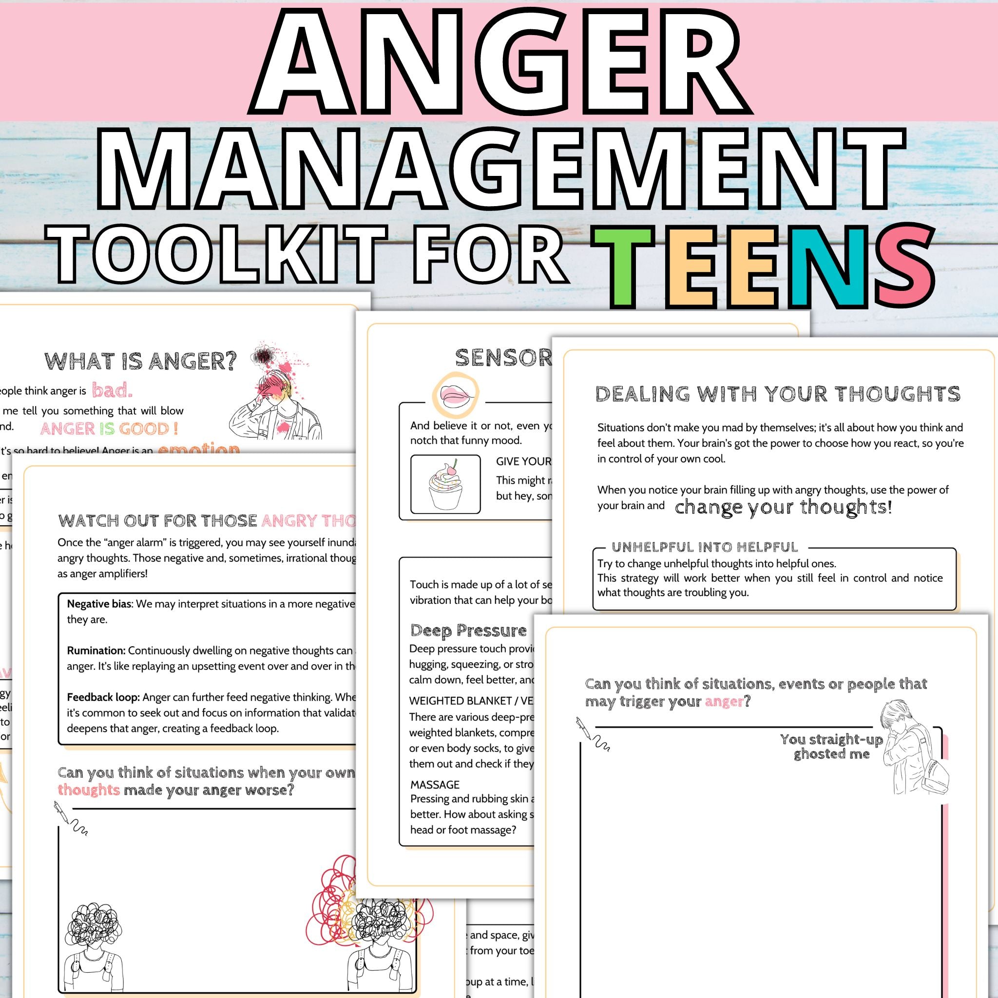 Five worksheet examples against white wooden backdrop, containing methods of anger management, complete with diagrams.