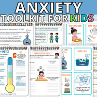 7 worksheets from the Anxiety Toolkit for Kids containing playful illustrations of children learning.