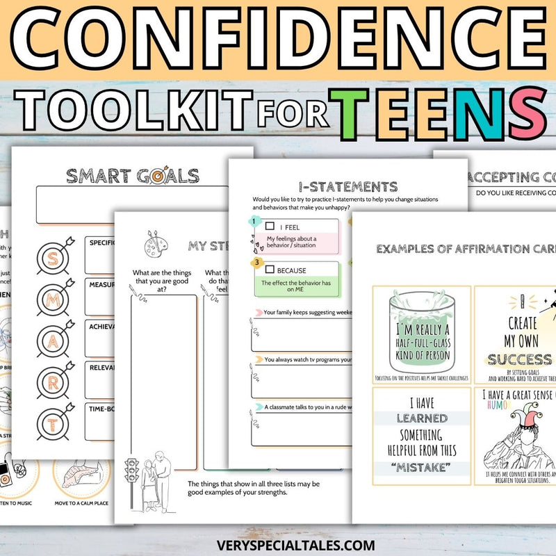 Examples of worksheets in the Confidence Toolkit for Teens, including affirmations, goal-setting and journal prompts.