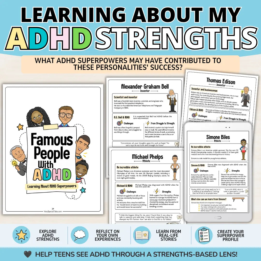 ADHD strengths workbook pages featuring real-life success stories of Simone Biles, Michael Phelps, Alexander Graham Bell, and Thomas Edison.