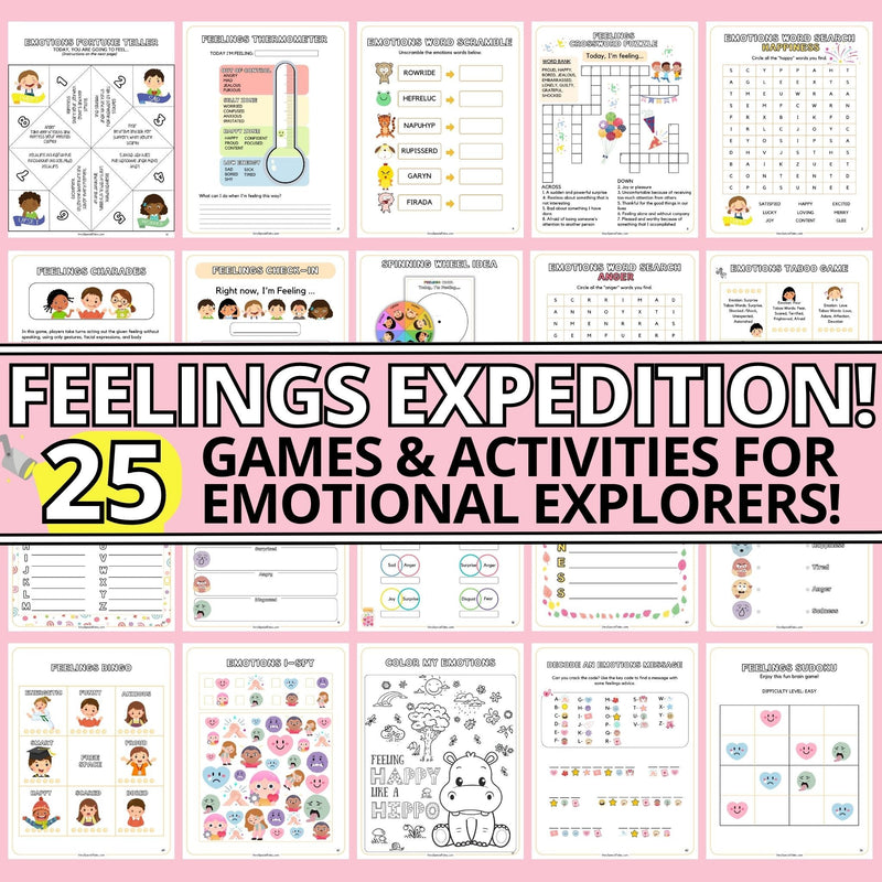 20 activity and game worksheets from the Feelings & Emotions Mega Bundle, including colouring pages, crosswords, journal prompts and more.