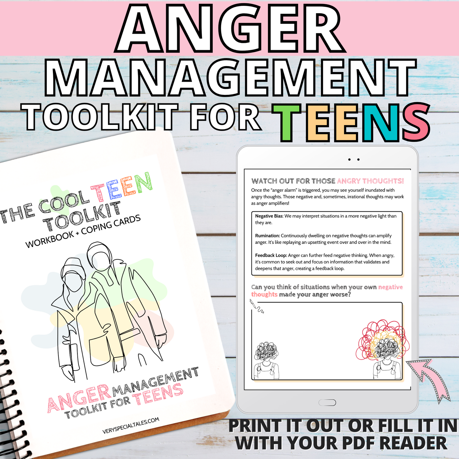 Notebook on a white wooden backdrop showing an illustration of two teenagers dressed in winter clothes, with a tablet displaying a worksheet to one side.