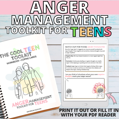 Notebook on a white wooden backdrop showing an illustration of two teenagers dressed in winter clothes, with a tablet displaying a worksheet to one side.