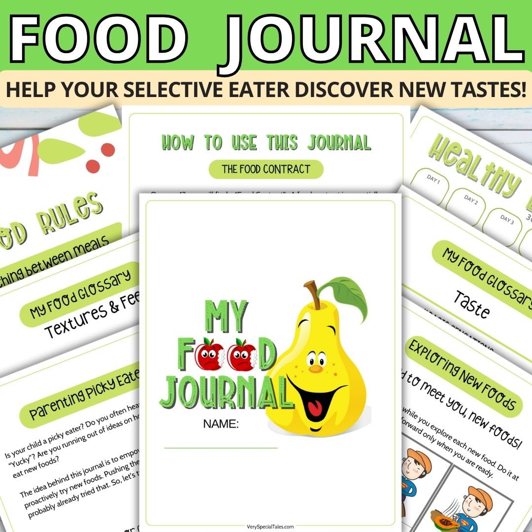 Food Journal for Selective Eaters. Examples of pages from My Food Journal, containing playful illustrations of food and children eating, with activities and planners.