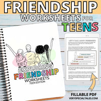 Printable friendship workbook for teens, showing a printed version and also a tablet displaying one of the pages. 