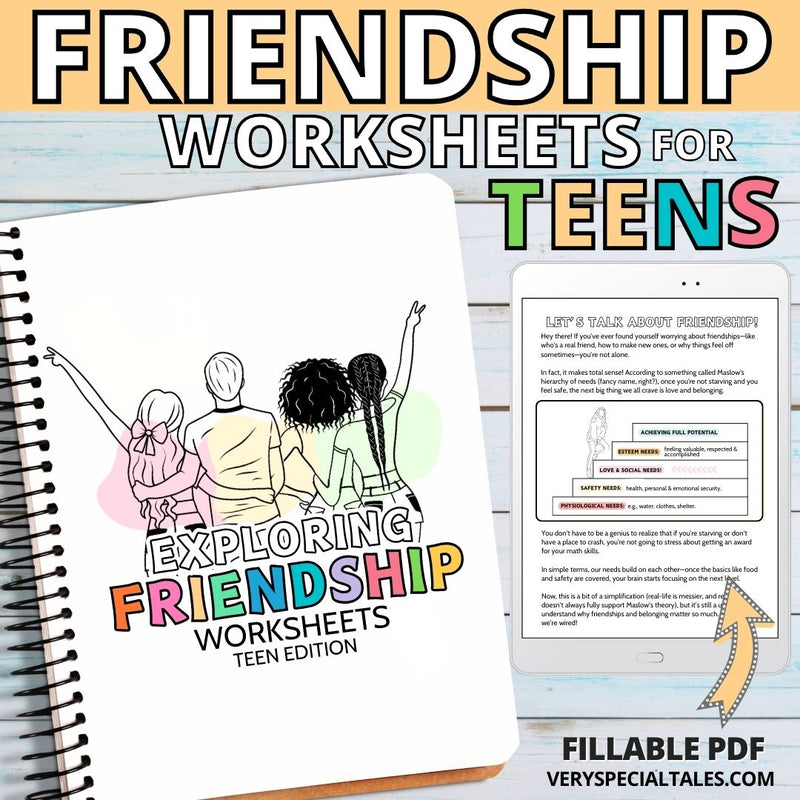 Printable friendship workbook for teens, showing a printed version and also a tablet displaying one of the pages. 