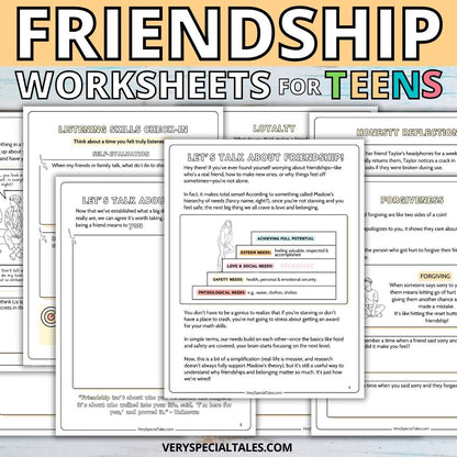 Examples of friendship worksheets for teens included in the friendship printable workbook.
