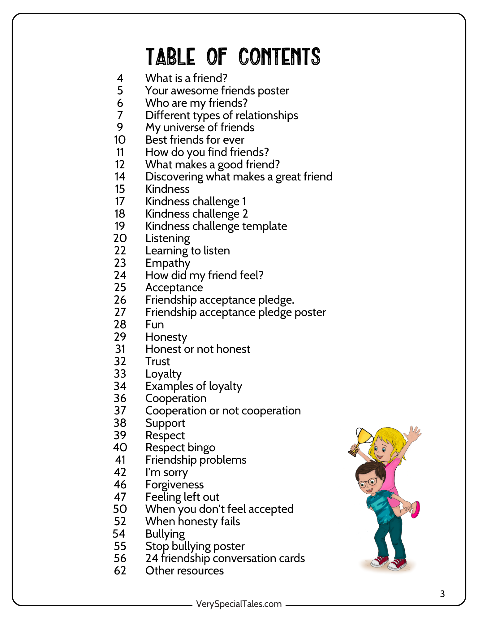 Table of contents for this Friendship Workbook