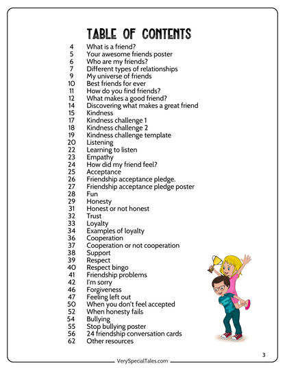 Table of contents for this Friendship Workbook