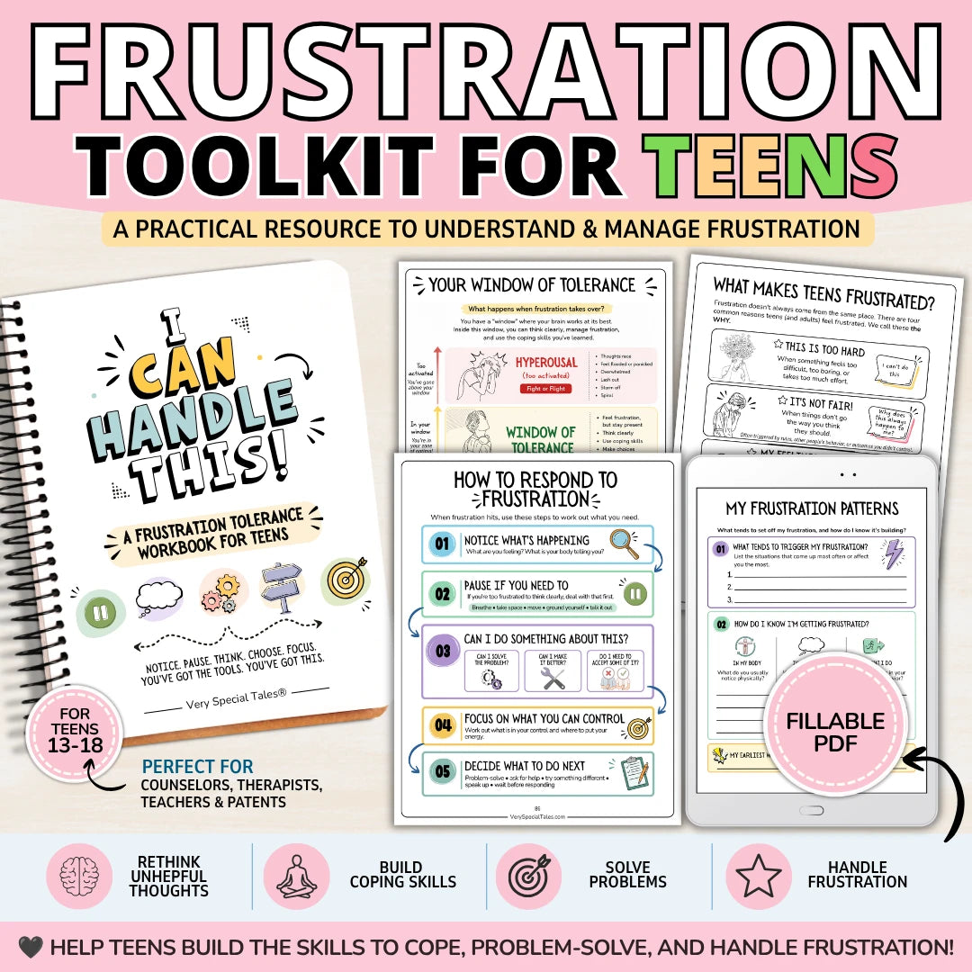 Frustration Tolerance Workbook for Teens with coping skills, helpful thinking, problem-solving, and frustration management activities.