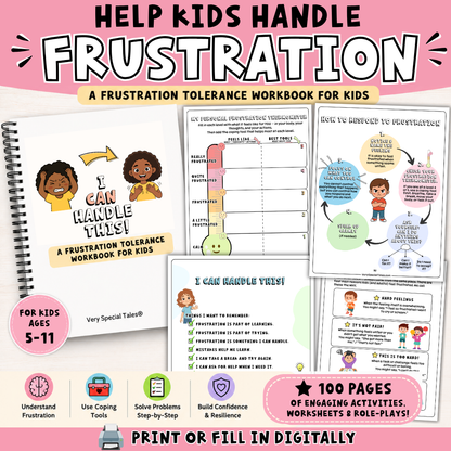 Printable workbook for kids on handling frustration showing colorful pages