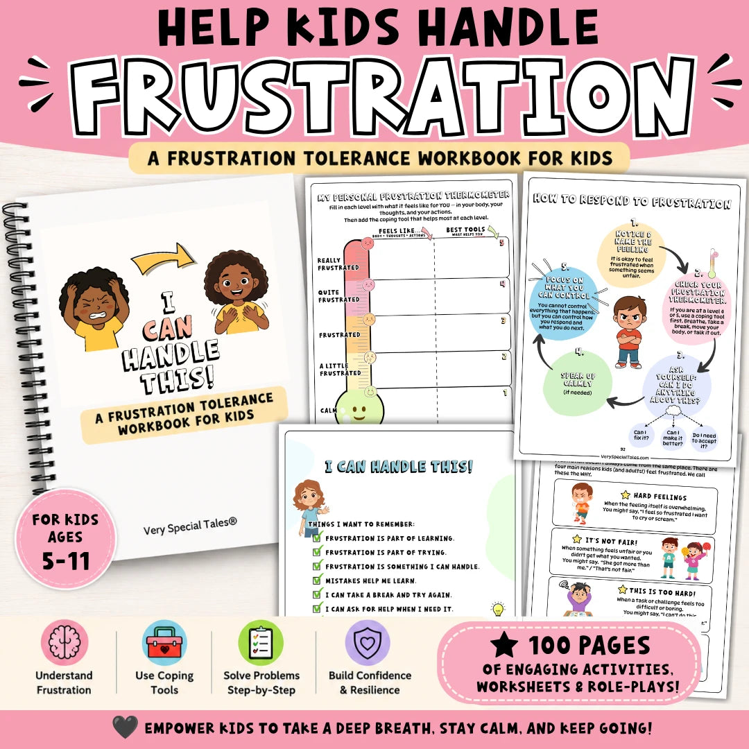 Workbook for kids on handling frustration with colorful pages and text.