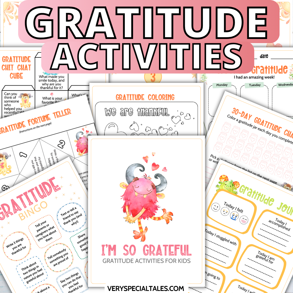 Examples of activity worksheets from the Gratitude Activities for Kids product. Worksheets contain playful illustrations of monsters.