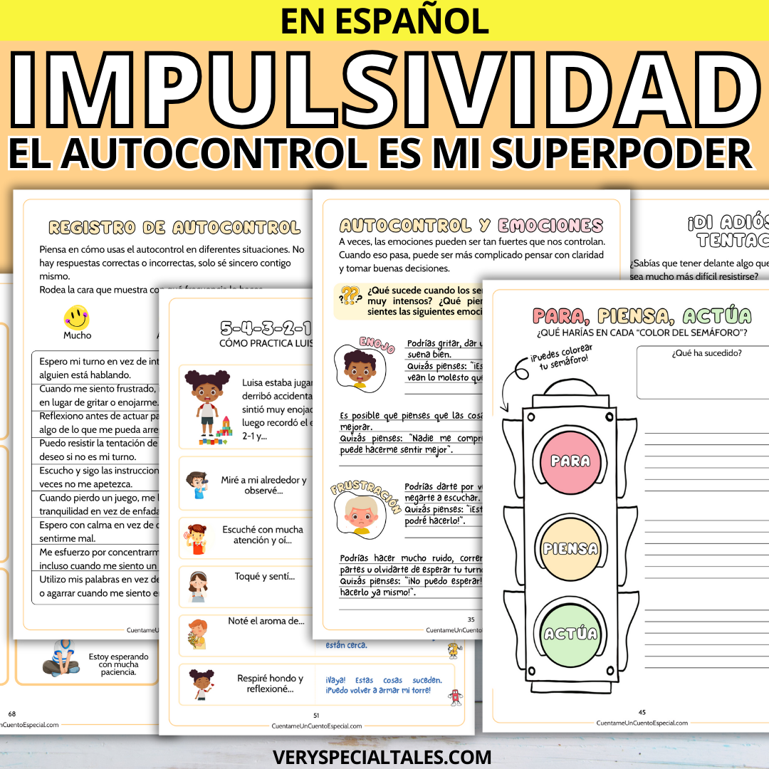 Ejemplos de fichas de trabajo del cuaderno imprimible infantil del control de los impulsos o autocontrol