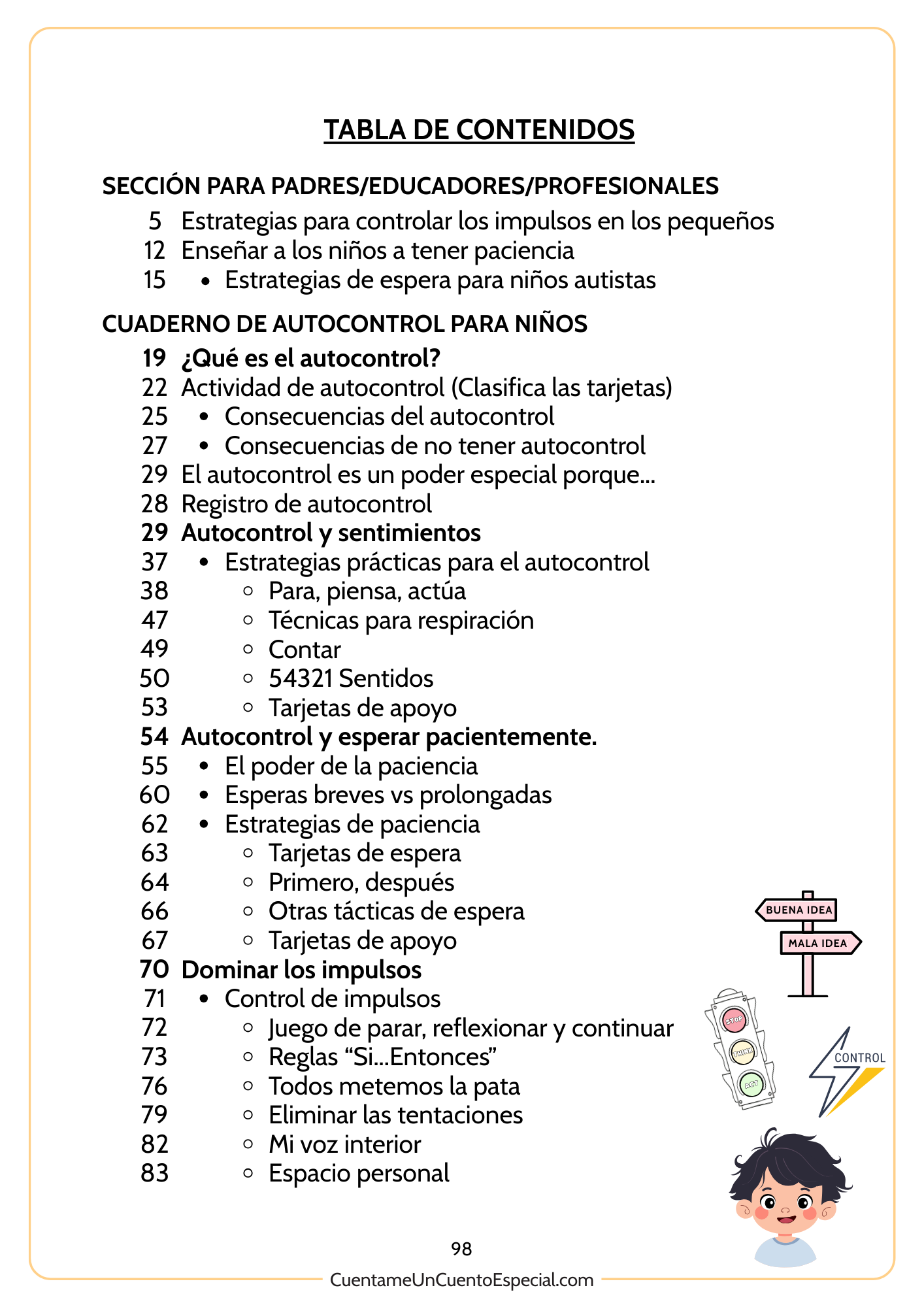 Página 1 del Indice del Cuaderno Imprimible Infantil para Trabajar el Autocontrol