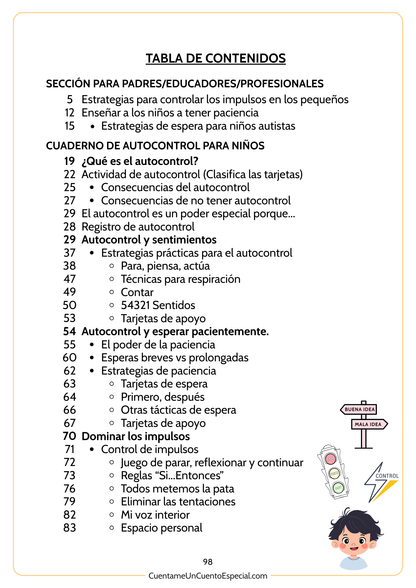 Página 1 del Indice del Cuaderno Imprimible Infantil para Trabajar el Autocontrol