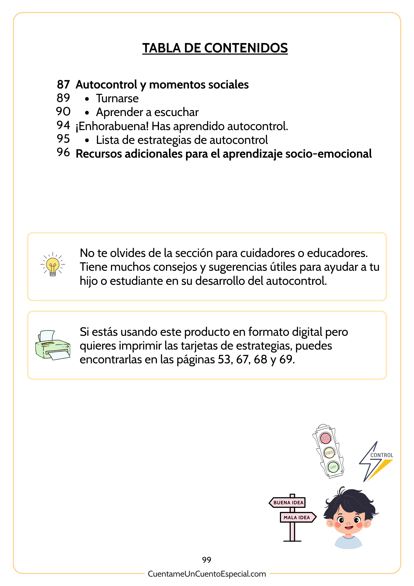 Página 2 del Indice del Cuaderno Imprimible Infantil para Trabajar el Autocontrol