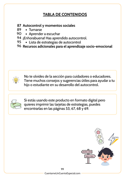 Página 2 del Indice del Cuaderno Imprimible Infantil para Trabajar el Autocontrol