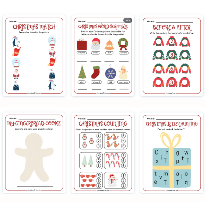 6 worksheets from the Christmas Fun for ALL the Family digital product, containing Christmas and New Year activities.