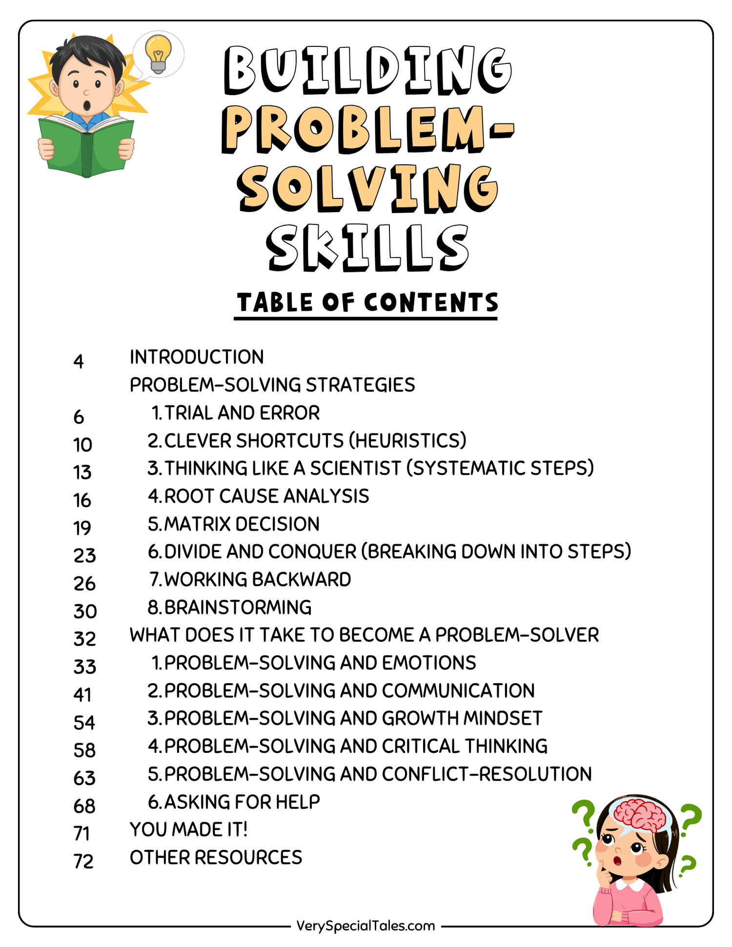 Table of contents for a book on building problem-solving skills with cartoon characters and text.