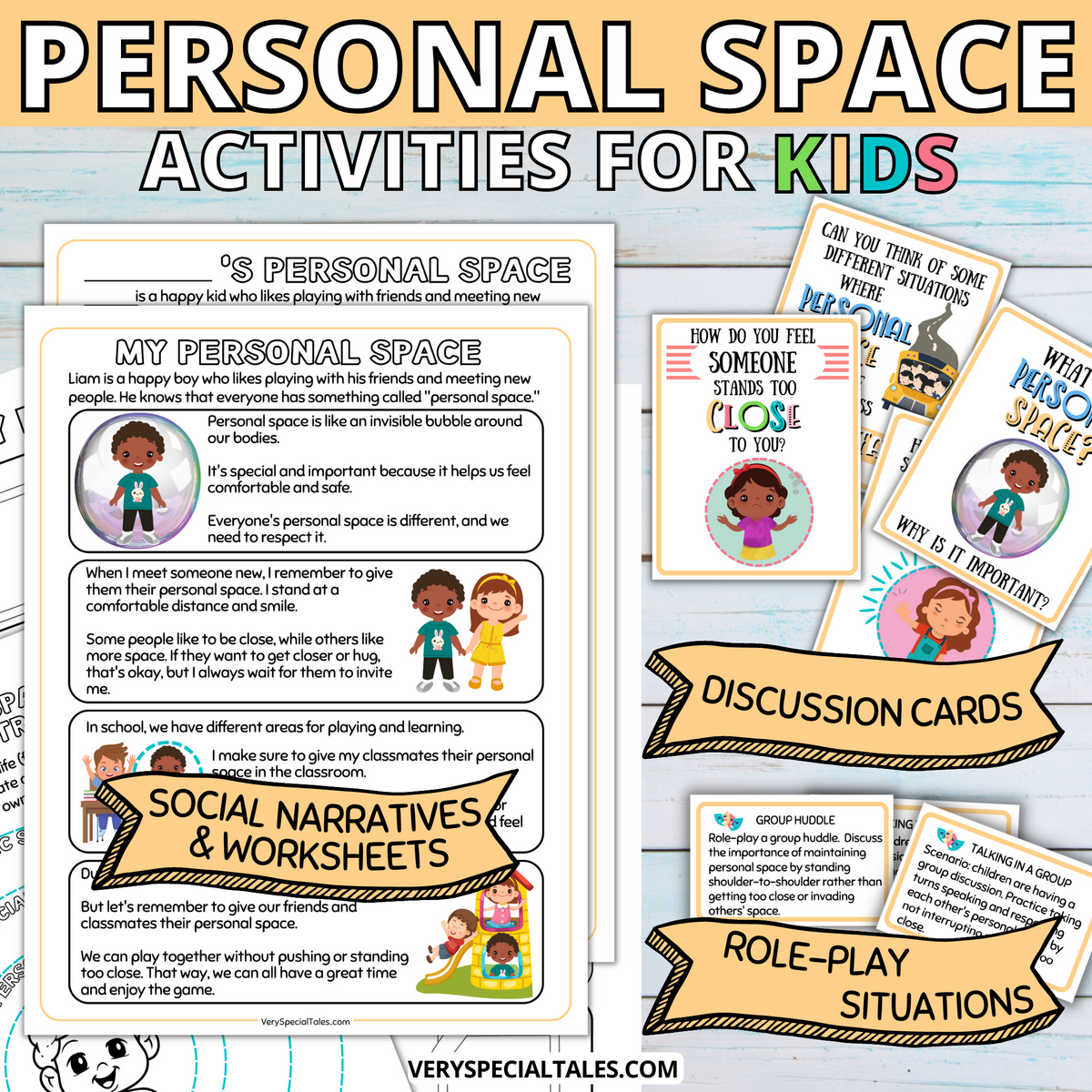 Worksheets from the Personal Space Activities for Kids product, containing playful illustrations of children playing, and flashcards.