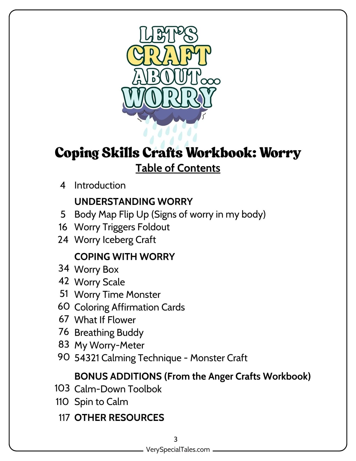 Table of contents for a coping skills crafts workbook titled &
