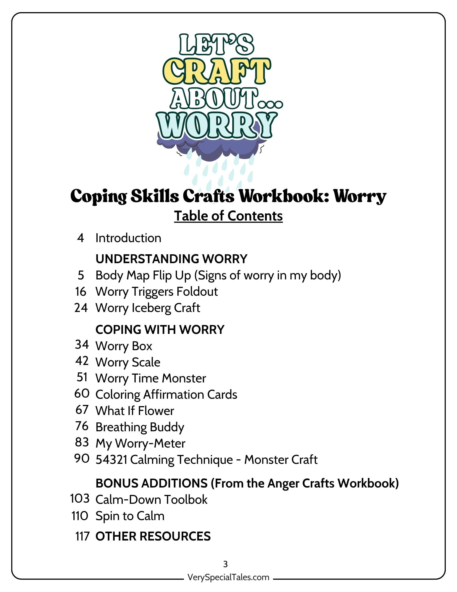 Table of contents for a coping skills crafts workbook titled &