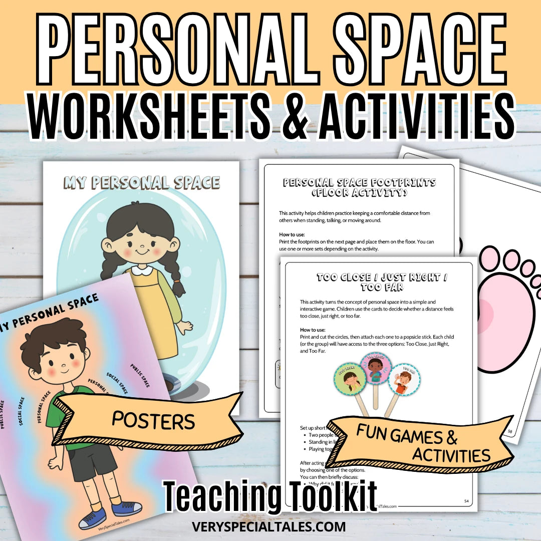 Personal space posters (Personal space bubble) and worksheets presenting some games and activities