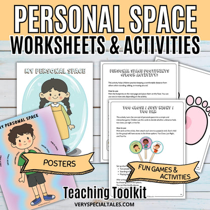 Personal space posters (Personal space bubble) and worksheets presenting some games and activities