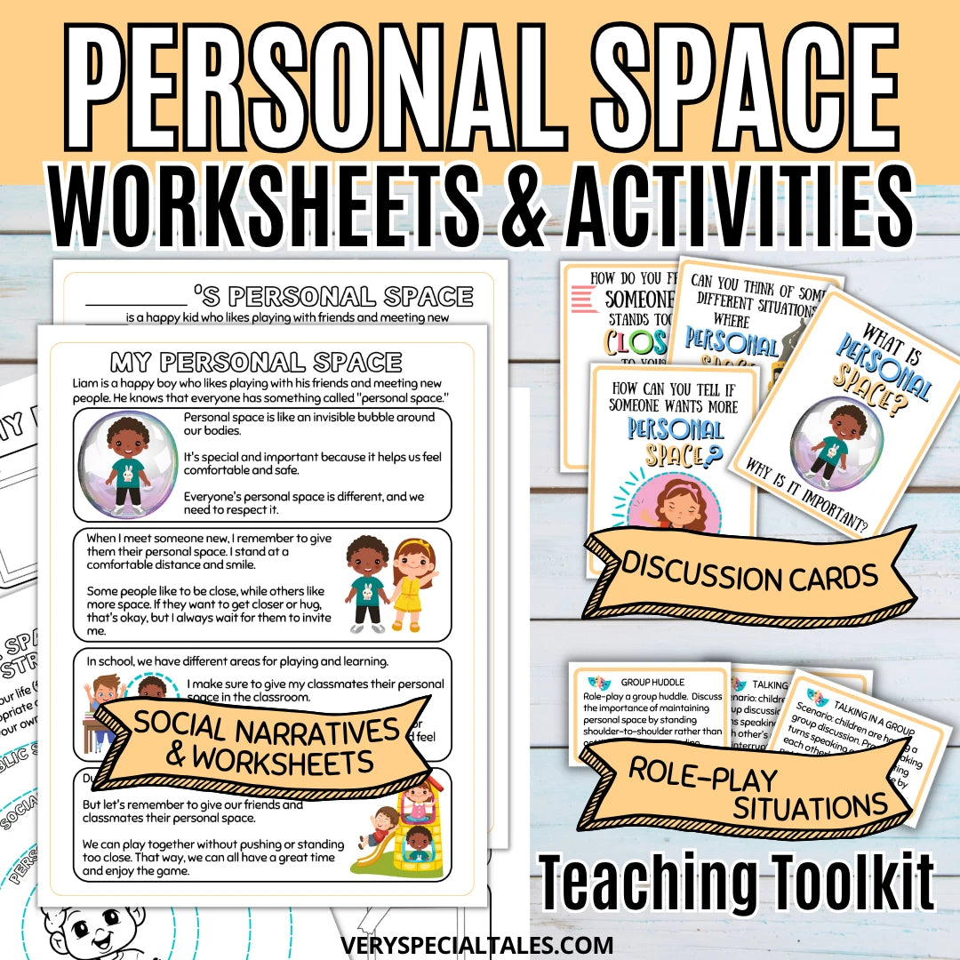 Worksheets and activities from the Personal Space Activities for Kids product. It shows worksheets with illustrations of children playing,  flashcards/discussion cards, and personal space role-play situation cards.