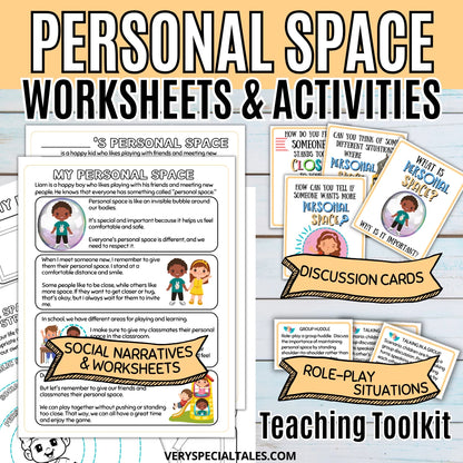 Worksheets and activities from the Personal Space Activities for Kids product. It shows worksheets with illustrations of children playing,  flashcards/discussion cards, and personal space role-play situation cards.