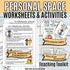 Worksheets and activities from the Personal Space Activities for Kids product. It shows worksheets with illustrations of children playing,  flashcards/discussion cards, and personal space role-play situation cards.