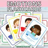 A pile of Emotions Flashcards showing playful illustrations of children experiencing different emotions.
