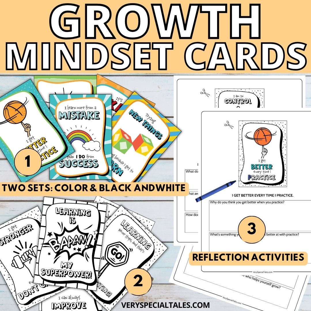 Examples of cards in two versions: color and black and white (for coloring.) Also, examples of worksheets with reflection questions about the growth mindset statements