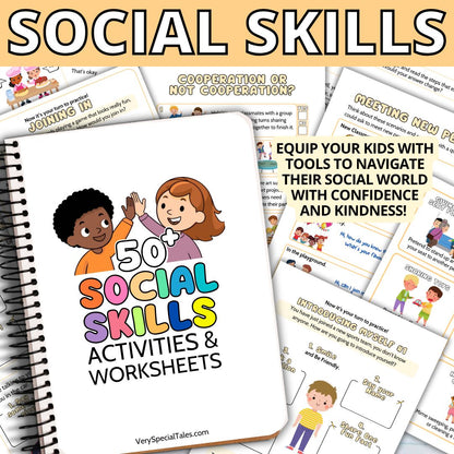 A printable workbook for kids about social skills and examples of social skills worksheets in the background