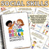 A printable workbook for kids about social skills and examples of social skills worksheets in the background
