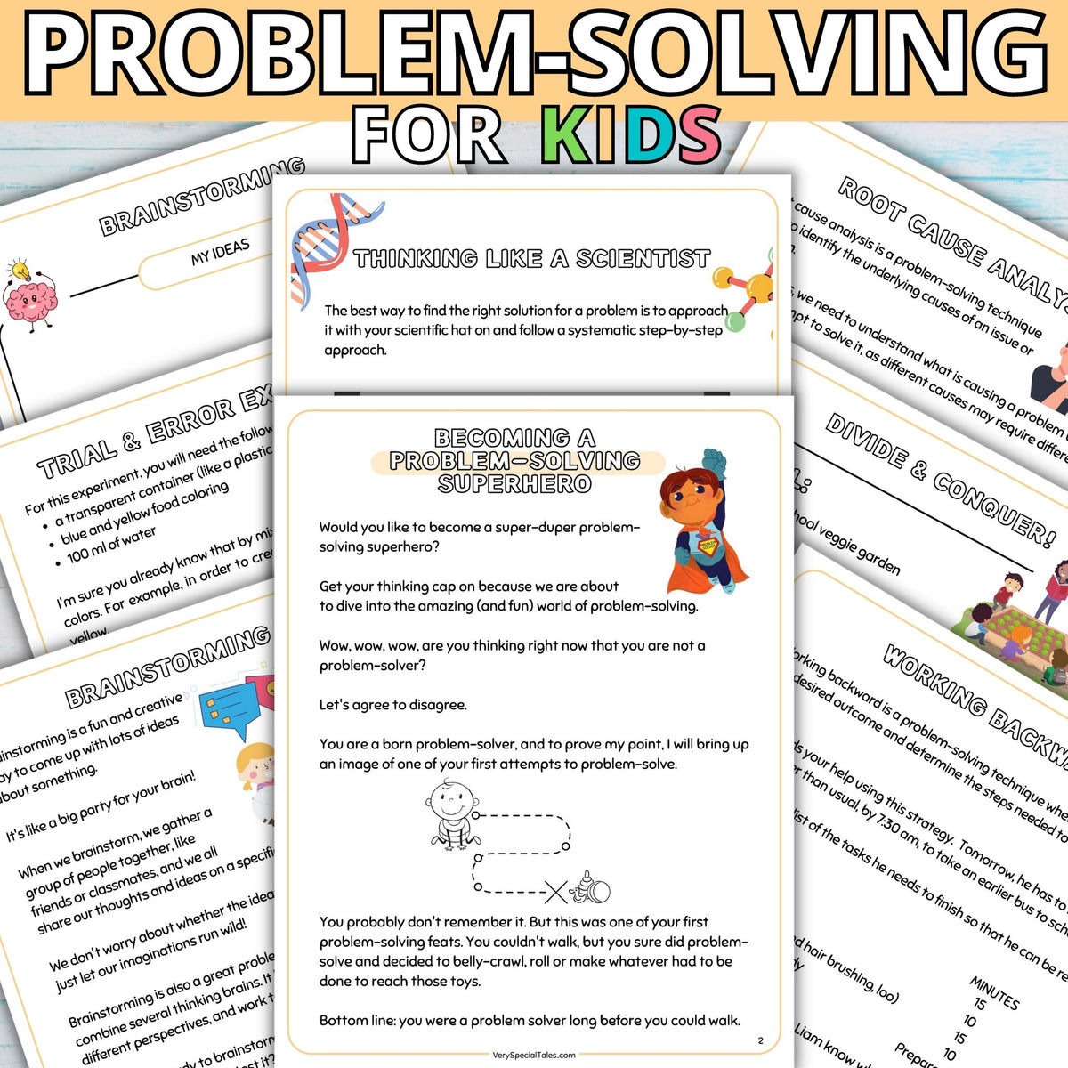 Examples of worksheets from the Problem-Solving for Kids Workbook, containing questions, prompts and playful illustrations.