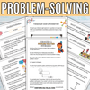 Problem-solving worksheets for kids with colorful text and illustrations.