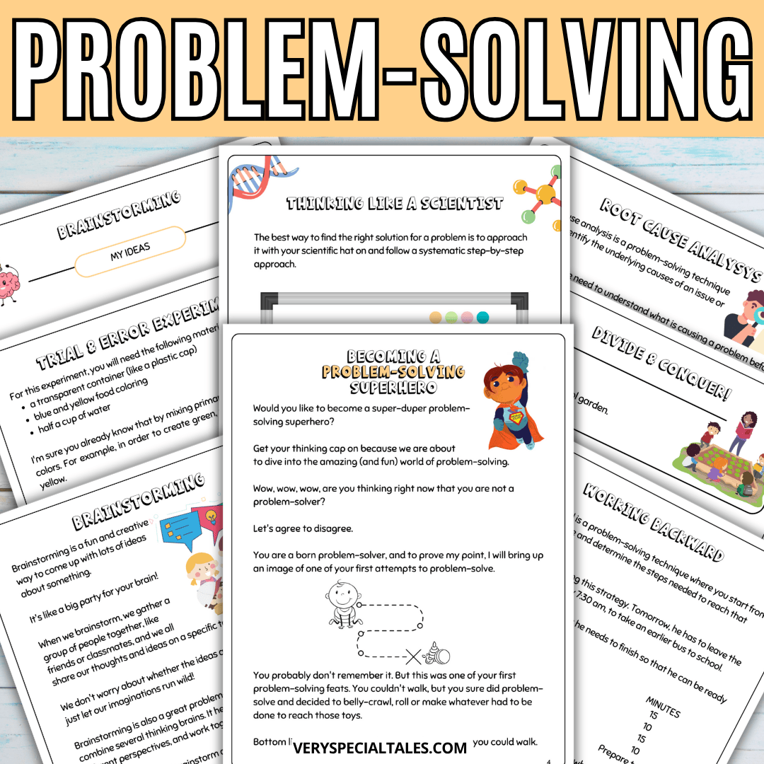 Problem-solving worksheets for kids with colorful text and illustrations.