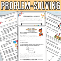 Problem-solving worksheets for kids with colorful text and illustrations.
