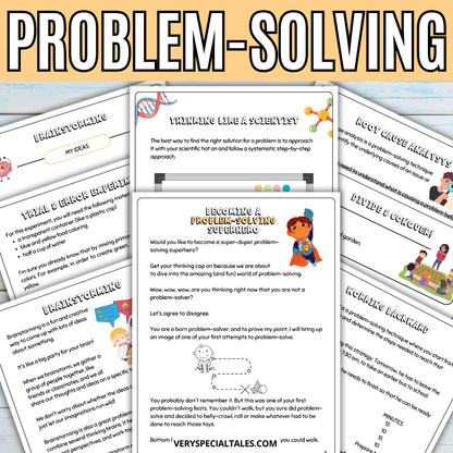 Problem-solving worksheets for kids with colorful text and illustrations.