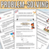 Problem-solving worksheets for kids with colorful text and illustrations.