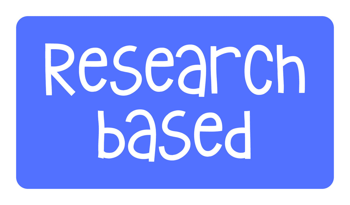 The words 'Researched based' written in a playful white font against a blue background.