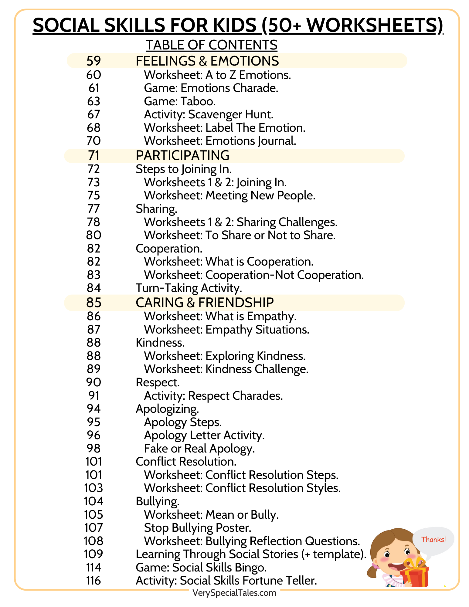 Social Skills Workbook, page 2 of the table of contents