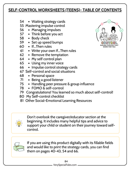Self-Control Worksheets for Teens_Table of Contents_Page2