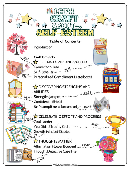 Table of Contents for the Self-Esteem Crafts Workbook for Kids with images of all the confidence-building activities