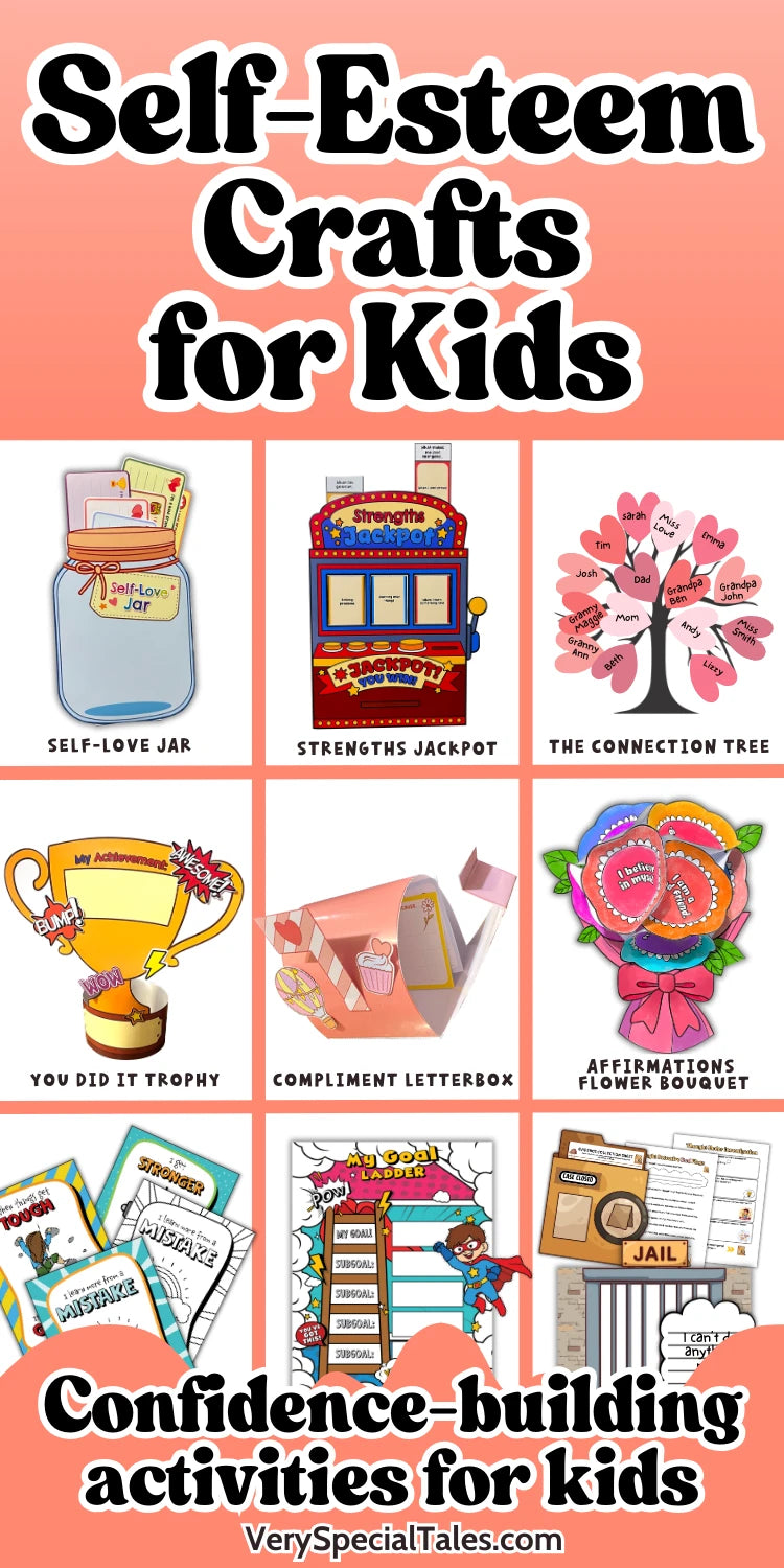 Collage of self-esteem crafts for kids with colorful illustrations on a pink background.